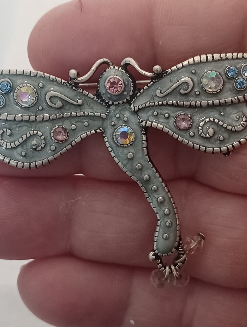 Dragonfly Brooch Pin Soft Green Enameling by AAI - Silvertone